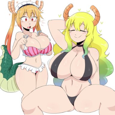 2girls, big breasts, bikini, bra, breasts, cleavage, female, female only, huge breasts, jinu, large breasts, miss kobayashi's dragon maid, quetzalcoatl (dragon maid), tohru (dragon maid)