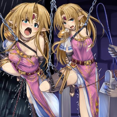 1girl, a link between worlds, arms behind back, blonde hair, blue eyes, bondage, breasts, chained, chains, clothing, crotch rope, dress, earrings, ejaculation, elf
