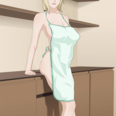 1girl, apron, ass, big breasts, blonde hair, brown eyes, cleavage, female only, housewife, kitchen, large breasts, long hair, looking at viewer, naked apron, naruto