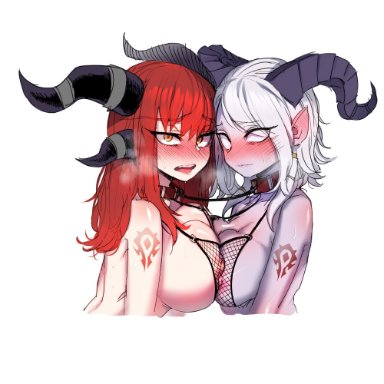 2girls, alexstrasza, bondage, breasts, collar, draenei, elf, femsub, horns, linked collar, multiple girls, multiple subs, ratatatat74, scared, slave