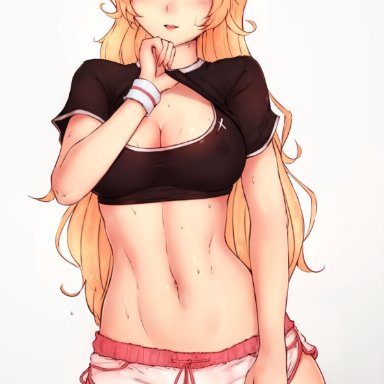 1girl, abs, areolae, big breasts, blonde hair, blush, breasts, cameltoe, cleavage, clothes, eyelashes, female, female only, human, kubo (artist)
