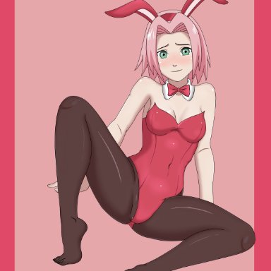 1girl, ass, breasts, bunny costume, bunnygirl, bunnysuit, cleavage, clothed, feet, female, female only, green eyes, human, looking at viewer, naruto