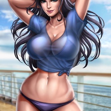 abs, big breasts, bra, breasts, cleavage, female, female only, flowerxl, large breasts, looking at viewer, nico robin, one piece, panties, see-through, solo