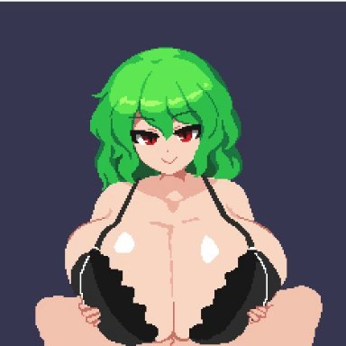 animated, black bra, bouncing breasts, bra, breast hold, breasts, cleavage, green eyes, huge breasts, kazami yuuka, paizuri, pixel art, pov, red eyes, smile