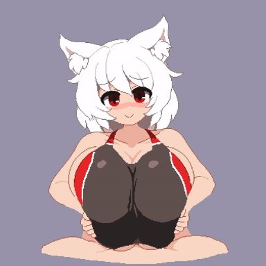 animal ears, animated, blush, breasts, competition swimsuit, huge breasts, inubashiri momiji, large breasts, looking at viewer, one-piece swimsuit, paizuri, paizuri under clothes, pixel art, red eyes, short hair