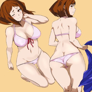 1girl, armpits, ass, back, bare shoulders, barefoot, big breasts, bikini, blush, breasts, brown eyes, brown hair, butt crack, cafekun, cleavage