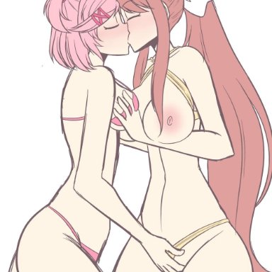 2girls, areolae, bare arms, bare legs, bare midriff, bare shoulders, blush, bow, breast grab, breast squeeze, breasts, breasts outside, brown hair, closed eyes, doki doki literature club