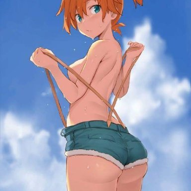 1girl, artist request, ass, back, bare shoulders, blue eyes, breasts, clouds, covering nipples, day, female only, human, kasumi (pokemon), looking at viewer, looking back