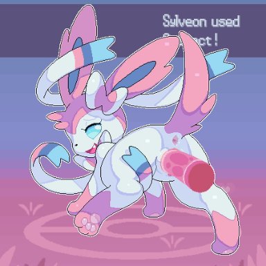 1boy, 1girl, animated, anus, ass, blue eyes, blue fur, blush, camotli, canine, digital media (artwork), disembodied penis, eeveelution, erection, eyelashes