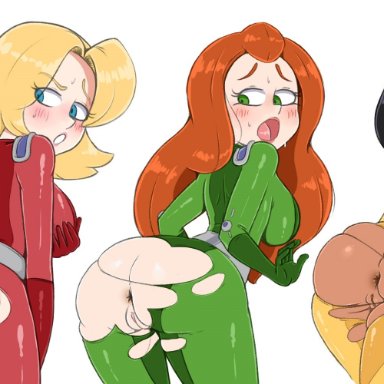 3girls, alex (totally spies), anus, ass, big boobs, big breasts, blonde hair, blue eyes, blush, blushing, breasts, brown eyes, clothed, clothes, clothing