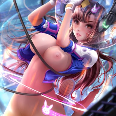 bearwitch, breasts, brown hair, d.va, female, highres, large breasts, long hair, nipples, overwatch, tagme