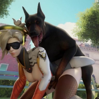 3d, animated, areolae, blender, blonde hair, bouncing breasts, breasts, canine, dog, edit, female, fritzhq, lerico213, male, mercy