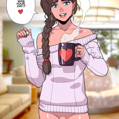 blue eyes, braid, brown hair, cup, femboy, foreskin, girly, male, penis, single braid, solo, speech bubble, standing, sweater, tekuho