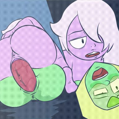 ahe gao, amethyst (steven universe), animated, anus, ass, completely nude, dildo, double dildo, double penetration, green skin, hair over one eye, mating press, melieconiek, no audio, nude