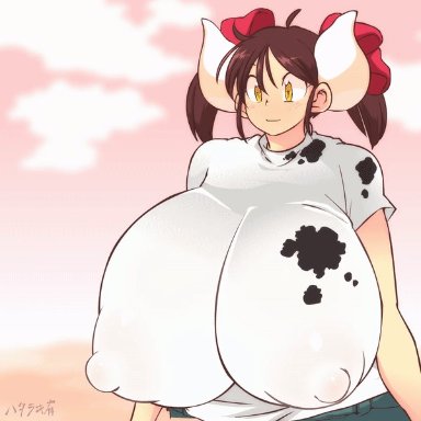 2018, abs, animated, big breasts, boob drop, cow girl, female, hataraki ari, horns, huge breasts, muscular female, no bra, shirt lift, sukimi (hataraki)
