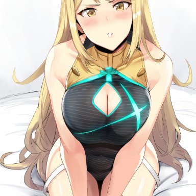 big breasts, blush, breasts, cleavage, female, female only, hews hack, large breasts, looking at viewer, mythra, one-piece swimsuit, solo, swimsuit, xenoblade chronicles, xenoblade chronicles 2