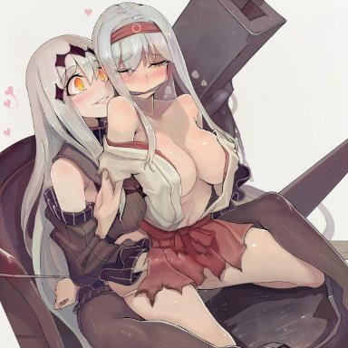 2girls, aircraft carrier water oni, bare shoulders, black dress, black legwear, bondage, bound, breasts, cleave gag, cloth gag, detached sleeves, dress, femdom, femsub, fingering