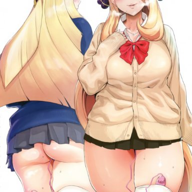 2girls, blonde hair, blush, breasts, cynthia (pokemon), eyelashes, female only, hair ornament, hair over one eye, half-closed eyes, heart, heart-shaped pupils, heavy breathing, human, iku (ikuchan kaoru)