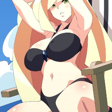 1girl, aether foundation, armpits, arms up, beach, belly, big breasts, bikini, blonde hair, breasts, busty, chair, cleavage, clouds, day