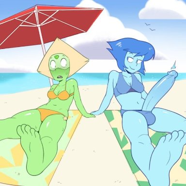 beach, bikini, blue hair, cloud, dezz, feet, futanari, lapis lazuli (steven universe), large penis, peridot (steven universe), steven universe, tagme, umbrella