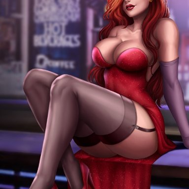 big breasts, breasts, cleavage, female, female only, flowerxl, garter belt, hair over one eye, high heels, jessica rabbit, large breasts, looking at viewer, red hair, solo, thighhighs