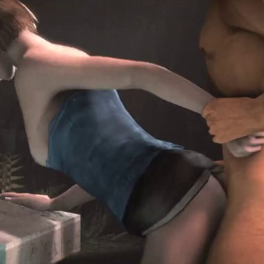 animated, ass, brown hair, butt, cfnm, clothed sex, clothes, doggy style, environment, jill valentine, marm, moaning, music, nipples, resident evil