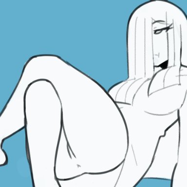 5 fingers, animated, anus, bare shoulders, blue background, bottomless, crossed legs, featureless feet, female, flashing, ghost, haha gottem, hair over one eye, humanoid, long hair