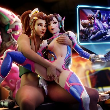 2girls, 3d, areolae, blender, breasts, brigitte, d.va, female, female only, fingering, fireboxstudio, nipples, overwatch, pussy, spread legs