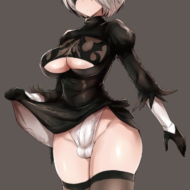 1girl, android, breasts, bulge, dickgirl, female, futanari, intersex, nier, nier: automata, penis, penis under clothes, skirt lift, solo, stockings