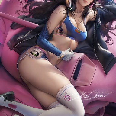 bodysuit, breasts, cleavage, d.va, female, female only, looking at viewer, overwatch, sakimichan, solo