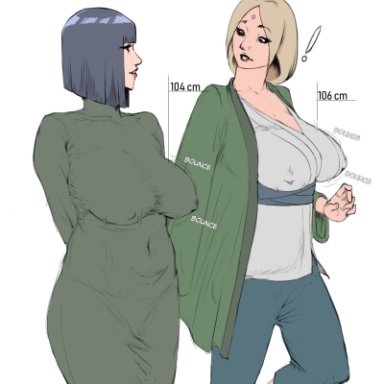 !, 2girls, black hair, blonde hair, boruto: naruto next generations, breasts, clothed, dress, erect nipples, female only, huge breasts, hyuuga hinata, naruto, sketch, text