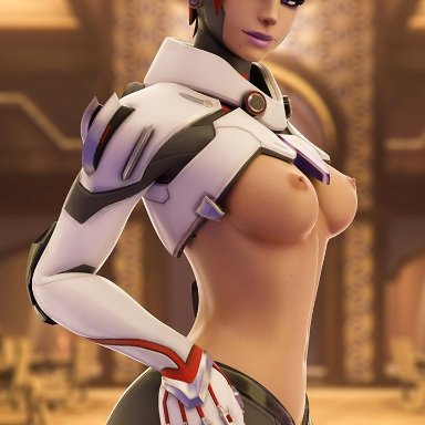 3d, alternate costume, areolae, blender, breasts, dark skin, dark-skinned female, female, female only, forceballfx, looking at viewer, nipples, overwatch, solo, sombra