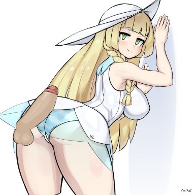1girl, against wall, alternate breast size, ass, back, bangs, bent over, bikini, blonde hair, blunt bangs, blush, braid, breasts, clothed, disembodied penis