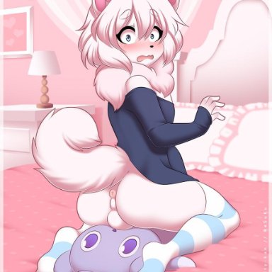 1boy, anthro, anus, ass, bed, blue eyes, blush, canine, caught, clothed, clothing, crossdressing, espurr, facesitting, fingers