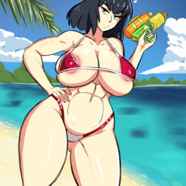 areolae, artist request, bare shoulders, beach, bikini, black hair, blue eyes, blush, breasts, cameltoe, erect nipples, huge breasts, kill la kill, kiryuuin satsuki, large areolae