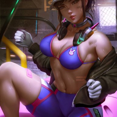 abs, bra, breasts, cleavage, d.va, female, female only, logan cure, looking at viewer, overwatch, solo, sweat