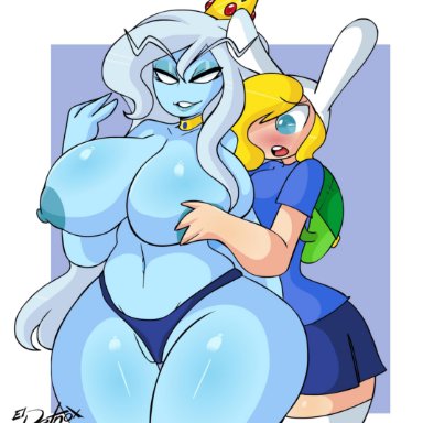 2girls, adventure time, areolae, big breasts, blonde hair, blue eyes, blue skin, blush, breast grab, breasts, cartoon network, cleavage, clothing, crown, detnox