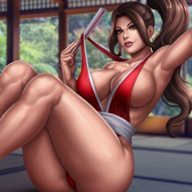 big breasts, breasts, cleavage, fatal fury, female, female only, flowerxl, king of fighters, large breasts, looking at viewer, mai shiranui, muscles, muscular, muscular female, panties