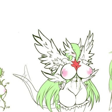 1girl, abs, areolae, ass, big breasts, blush, breasts, collar, female, female only, gardevoir, gloves, green hair, hair over one eye, half-closed eyes