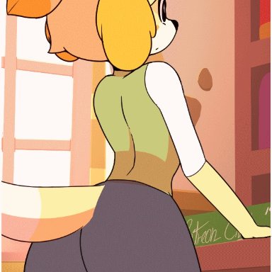 2018, animal crossing, animated, anthro, anus, ass, black nose, canine, civibes, clothed, clothing, dialogue, dipstick tail, english text, female