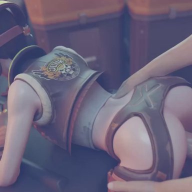 1boy, 1girl, 3d, alternate costume, animated, ass, bent over table, blender, bomber jacket, clothed female nude male, comandorekin, crotch cutout, crotchless, crotchless clothes, cutout