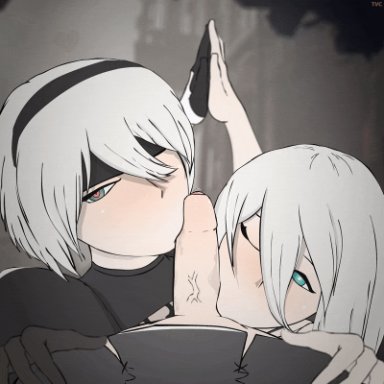 1boy, 2girls, anal, animated, erection, female, foreskin, heart-shaped pupils, looking at viewer, male, nier, nier: automata, oral, penis, straight