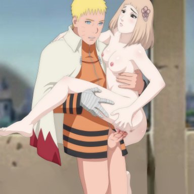 1boy, 1girl, anus, ass grab, barefoot, black eyes, blonde hair, blue eyes, blush, boruto: naruto next generations, breasts, brown hair, clothing, cum, cum in pussy