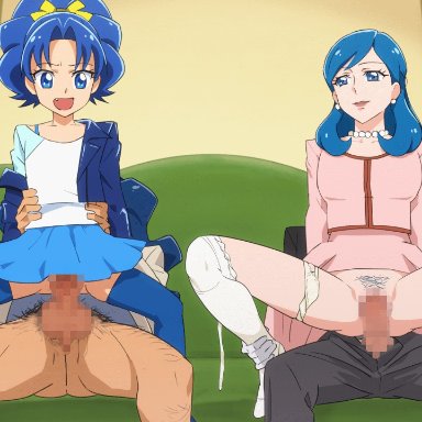 2boys, 2girls, age difference, animated, blue eyes, blue hair, bra strap, censored, clothed sex, couch, earrings, erection, family, father and daughter, flat chest