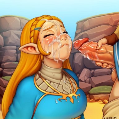 big penis, blonde hair, blush, breath of the wild, cum, cum on face, erection, facial, female, male, menoziriath, penis, princess zelda, straight, the legend of zelda