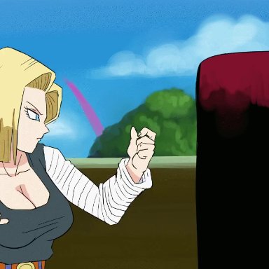 android 18, animated, blonde hair, blue eyes, bouncing breasts, cleavage, curvy, dragon ball, erect nipples, huge areola, huge breasts, pinkpawg, puffy nipples, short hair, voluptuous