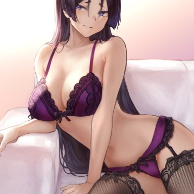 bra, breasts, cleavage, couch, fate (series), fate/grand order, female, fishnet stockings, fishnets, garter straps, lingerie, long hair, mashu 003, minamoto no raikou (fate/grand order), panties