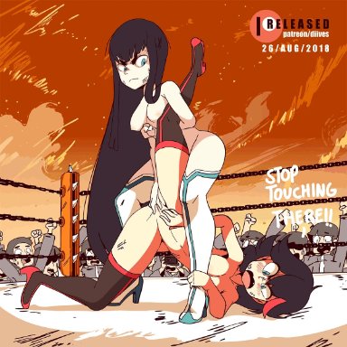 angry, animated, black hair, blue eyes, blush, breasts, diives, female, high heels, holding legs, kill la kill, long hair, looking at another, looking down, male