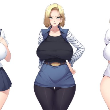 android 18, blonde hair, blue eyes, cleavage, curvy, dr, dragon ball, erect nipples, gigantic breasts, huge areola, puffy nipples, short hair, voluptuous, wide hips