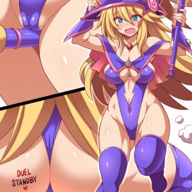 ass, big breasts, breasts, cameltoe, cleavage, dark magician girl, female, female only, konno tohiro, large breasts, panties, solo, thighhighs, yu-gi-oh!